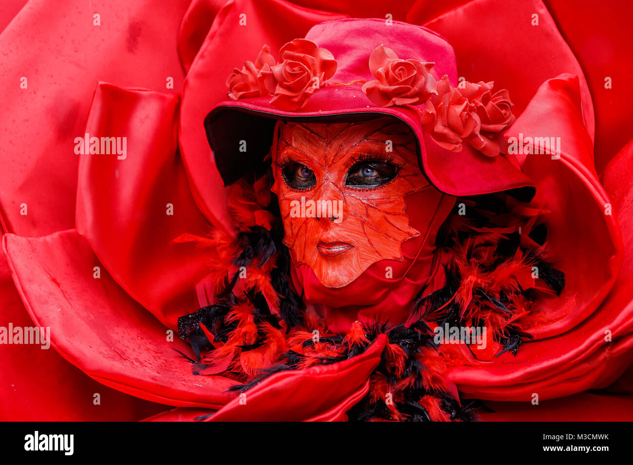 Schwäbisch Hall, Germany - February 4, 2018: Portrait of an unidentified participant dressed up in venetian style renaissance costume and mask at the  Stock Photo