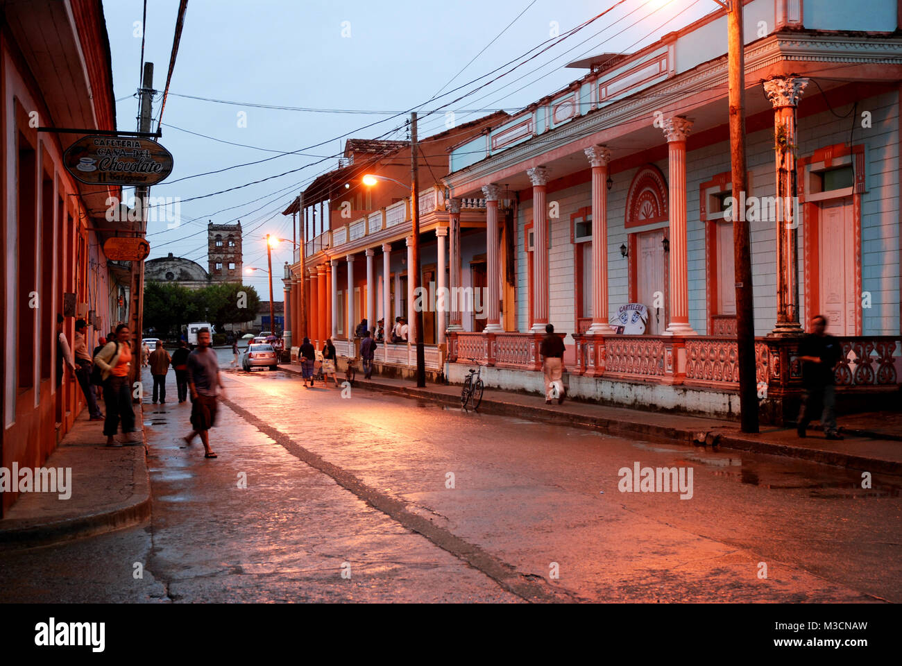 Spanish colonial buildings and old Cathedral in downtown Baracoa, evening, Cuba Stock Photo