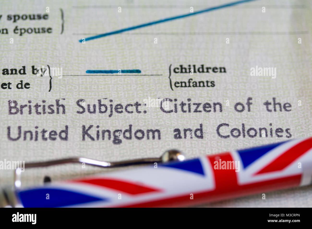 Wording within an old Style British Passport relating to being a British subject. Stock Photo