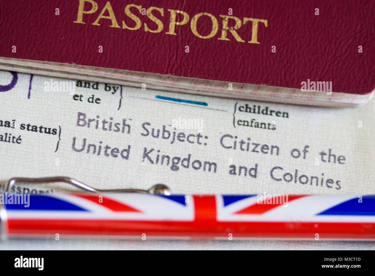 Wording within an old Style British Passport relating to being a British subject. Stock Photo