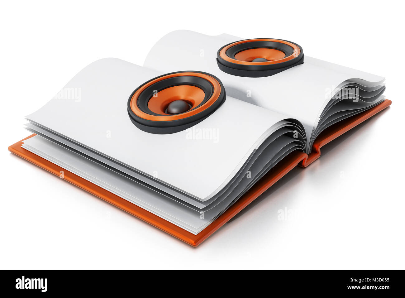 Audio book with speakers on open book. 3D illustration. Stock Photo