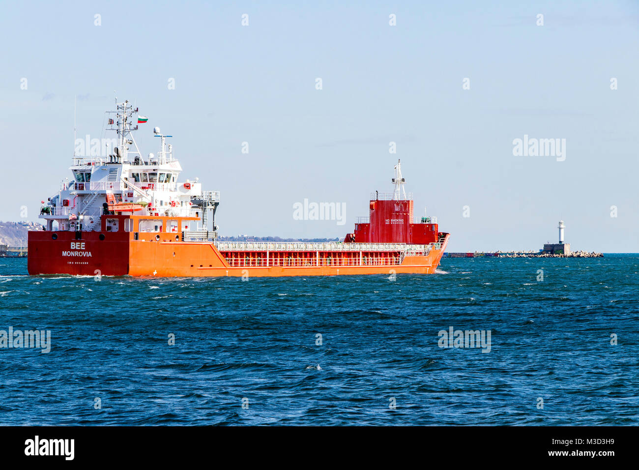marine tanker BEE Monrovia emerges from the port of Bulgaria Varna 09.02.2018 Stock Photo