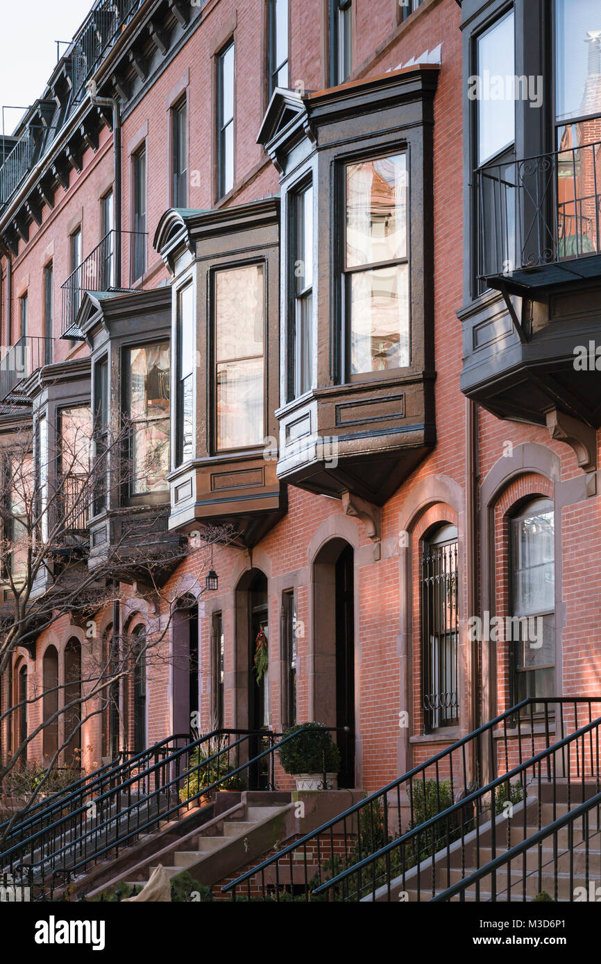 A terrace of Victorian houses with bay windows in the Back Bay area of