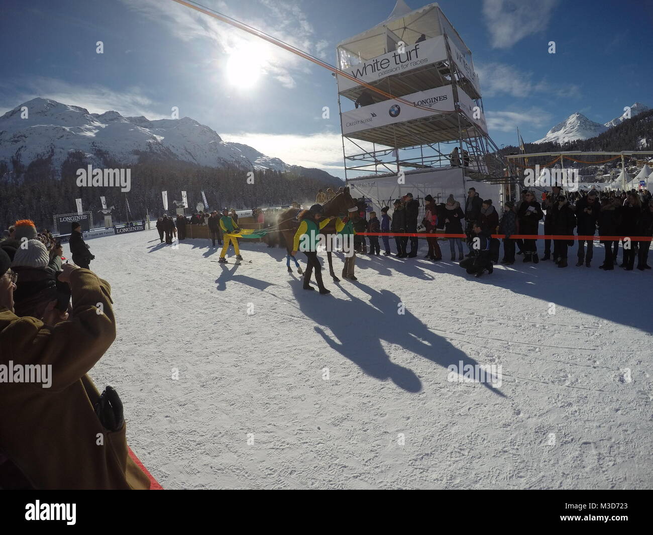 Skijoring race winner at the White Turf 2018 horse racing event in St Moritz Stock Photo