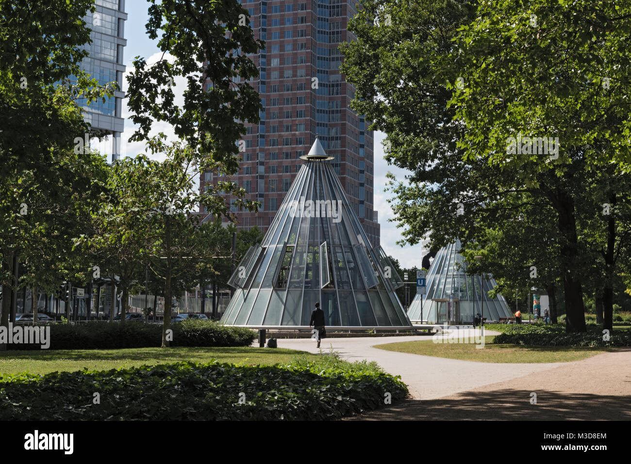 Messeturm and subway station at the Friedrich Ebert Anlage in Frankfurt, Germany Stock Photo