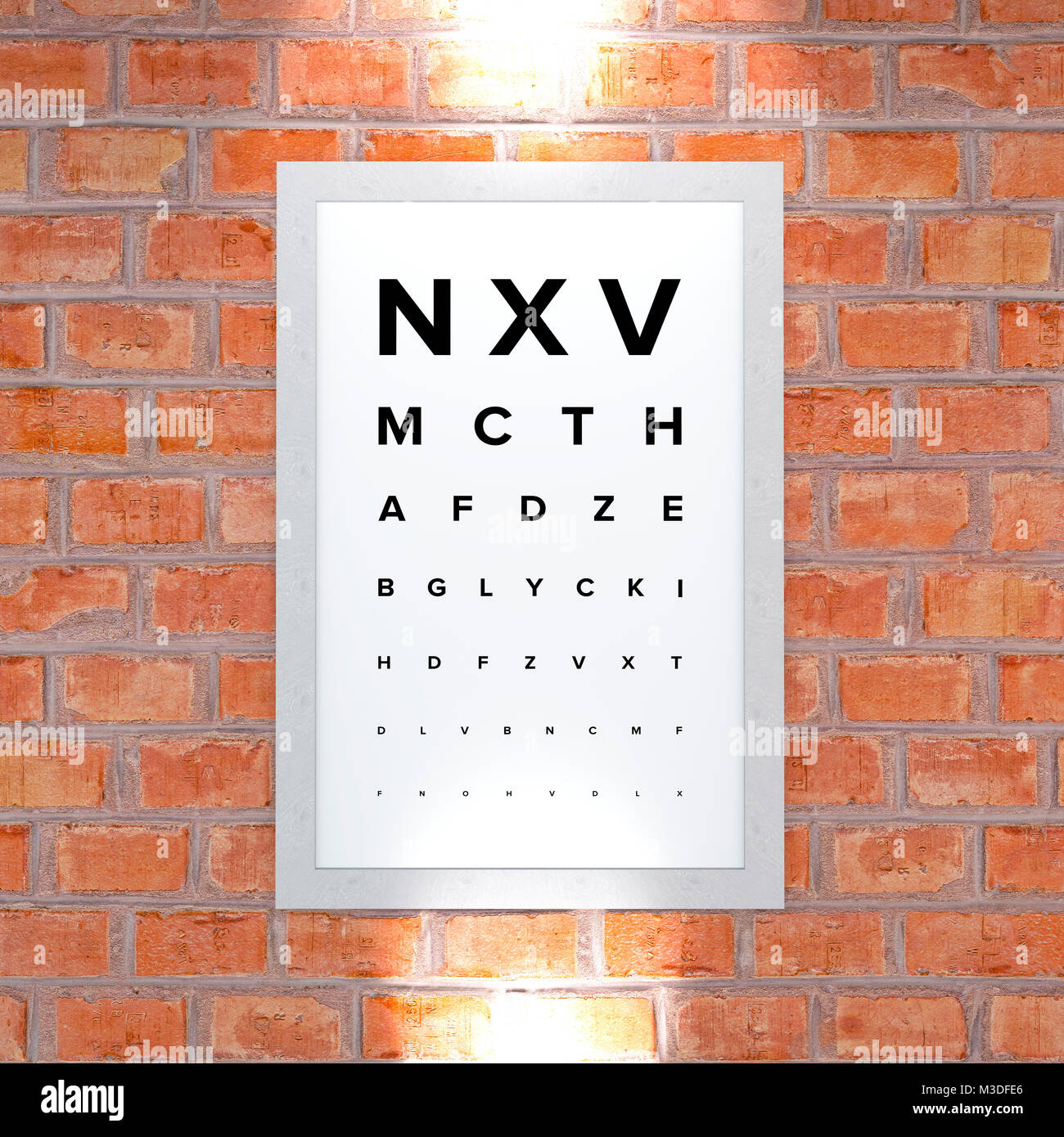 Measurement table of sight. Framework hanging on a brick wall. View examination. Letters in block letters. Eye test. Visual Acuity Stock Photo
