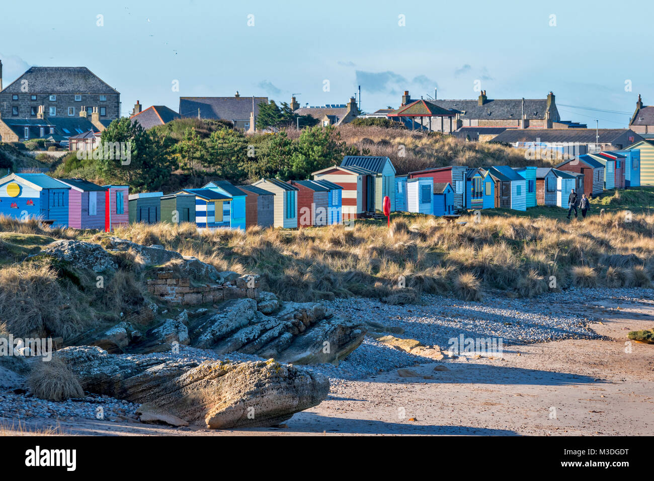 HOPEMAN MORAY SCOTLAND COLOURED BEACH HUTS BELOW THE VILLAGE HOUSES IN