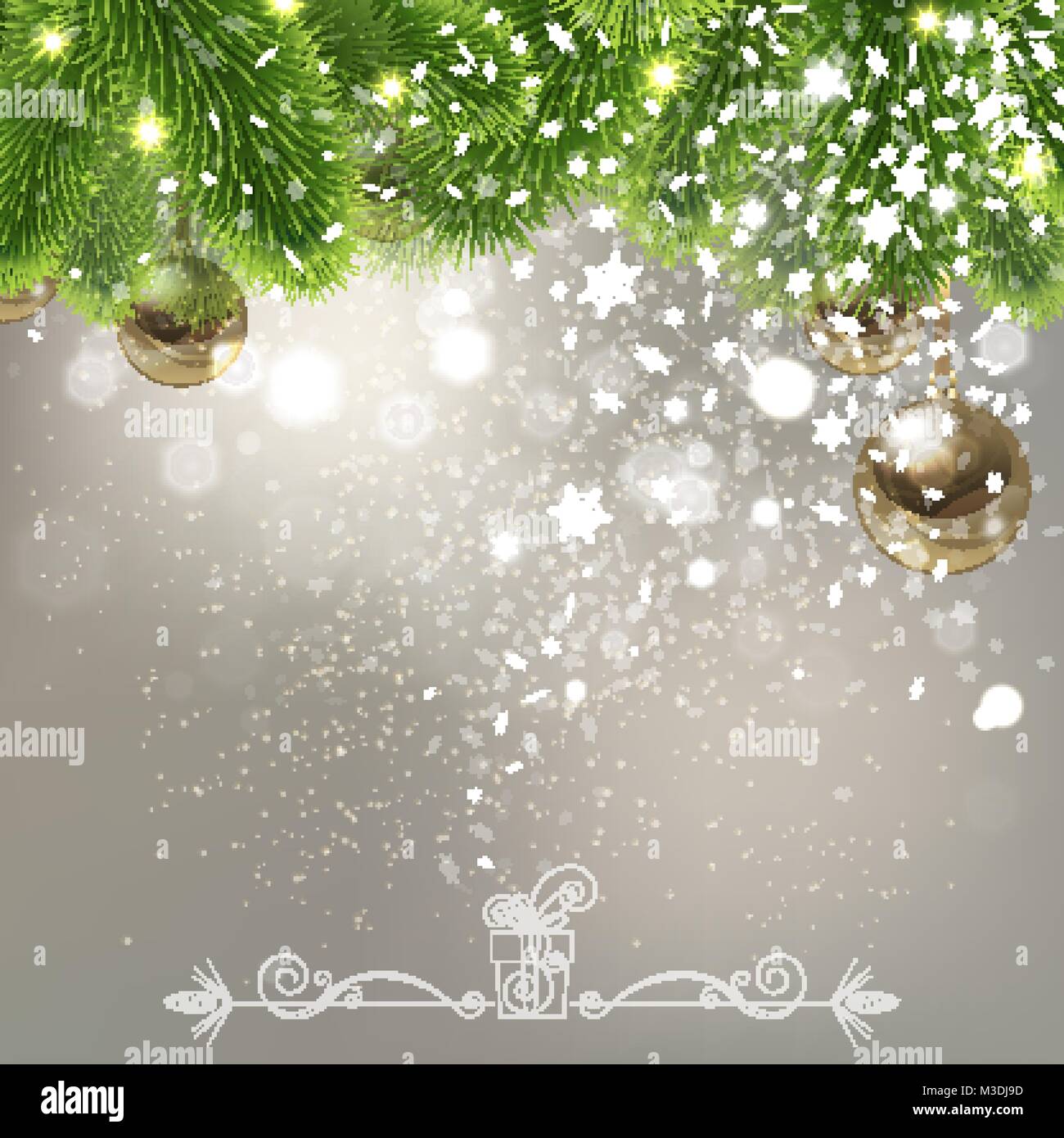 christmas background with falling snowflakes and Christmas tree balls ...