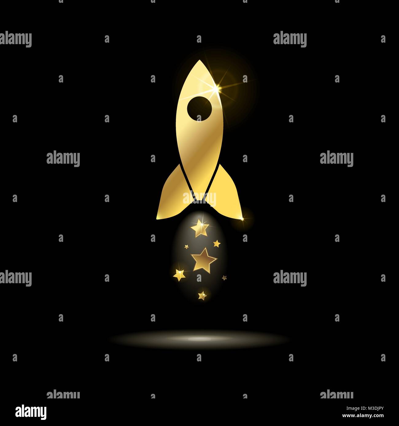 icon golden space rocket with stars on a black background Stock Vector