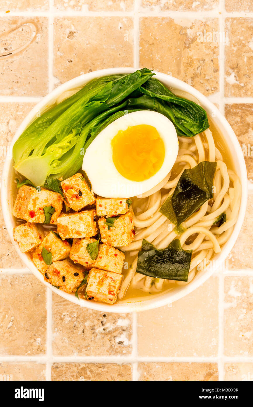 Japanese Style Vegetarian Tofu Noodle Ramen Soup or Broth On A Tiled