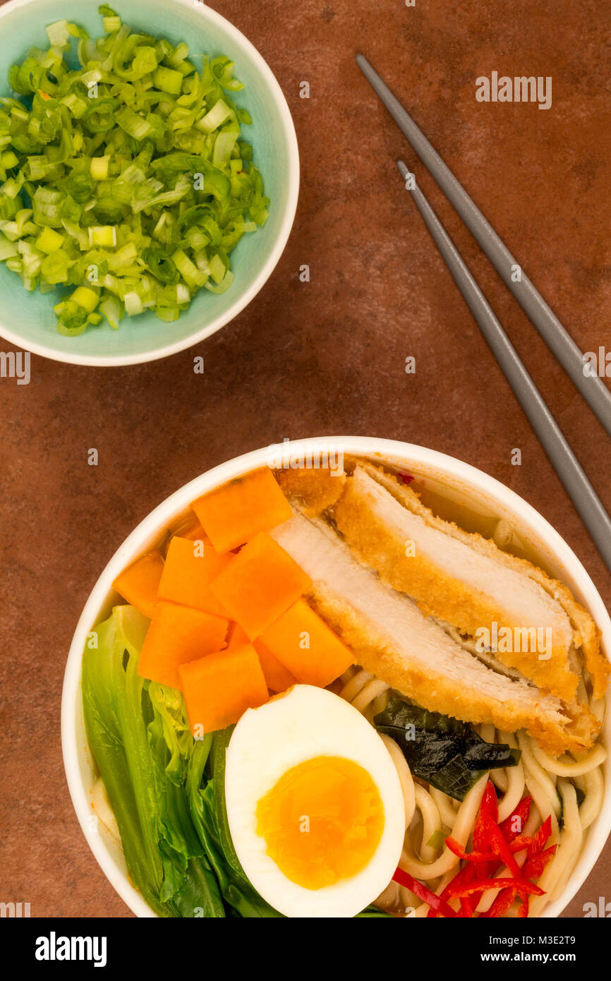 Japanese Style Panko Breadcrumbs Chicken And Noodle Broth or Soup With Sweet Potatoes Afainst A Red Tile Background Stock Photo