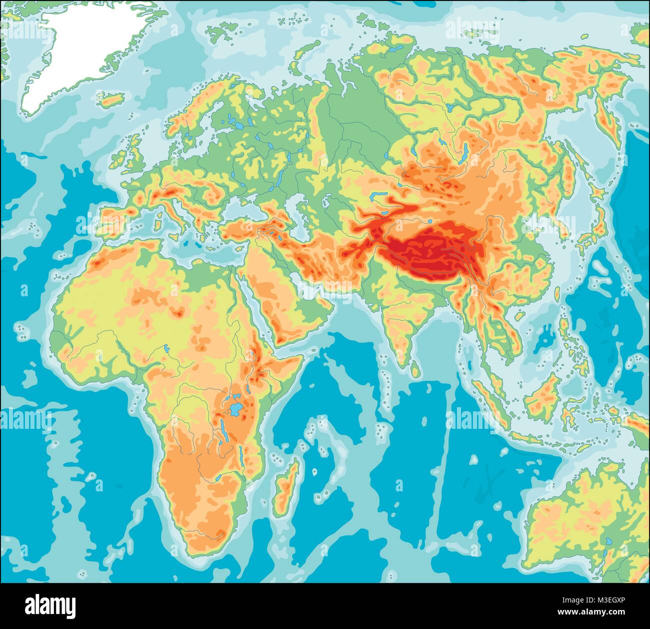 Asia centered Physical World Map Stock Vector