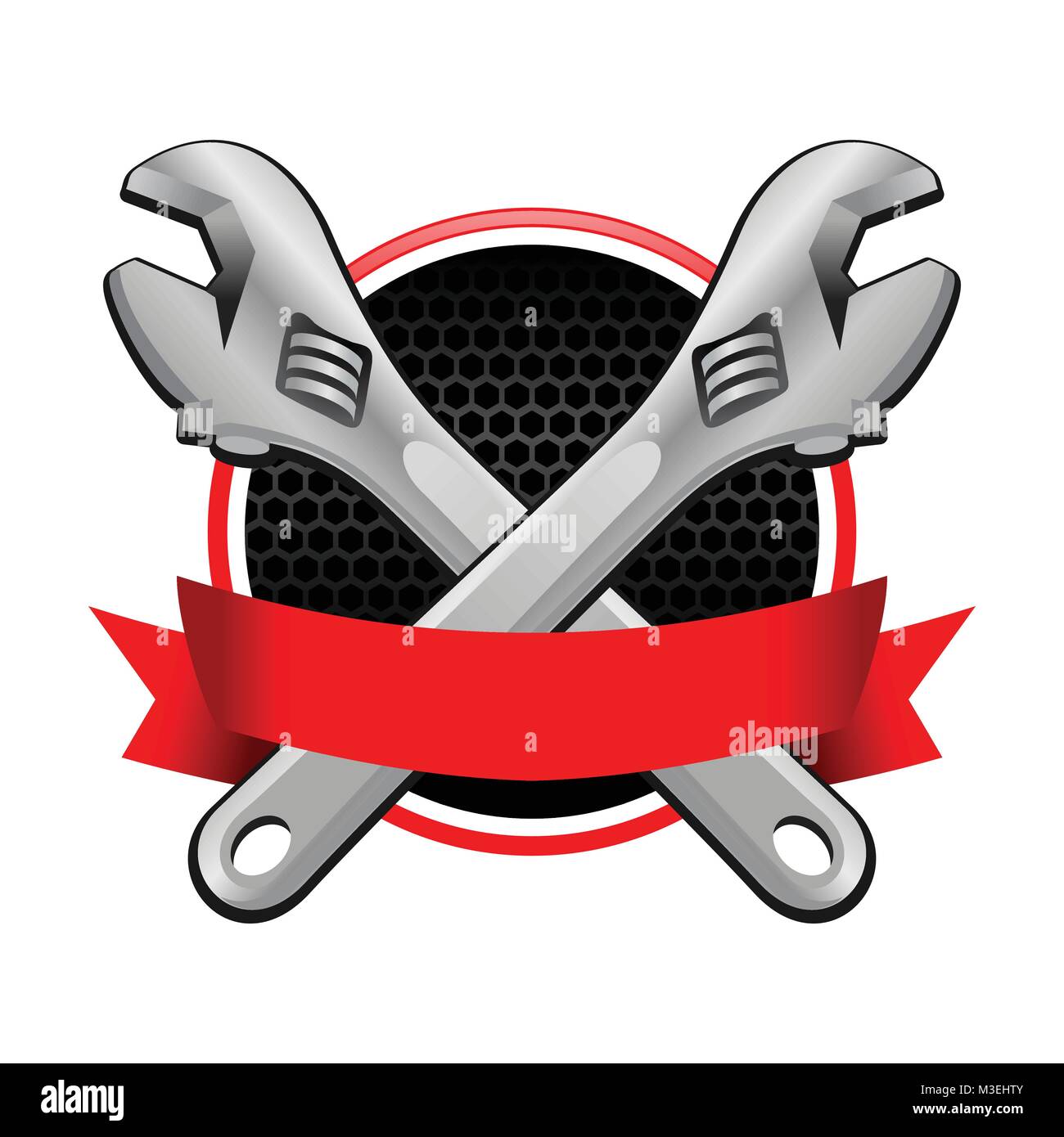 Double Wrench Cross Garage Emblem With Red Colored Ribbon Vector Object Graphic Illustration Design Stock Vector