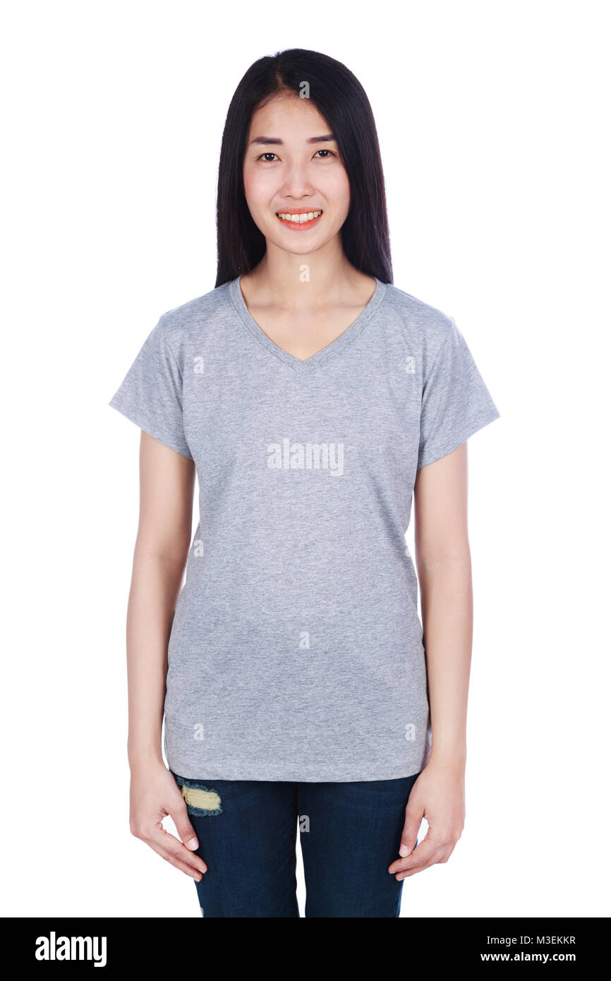woman in gray t-shirt isolated on a white background Stock Photo - Alamy