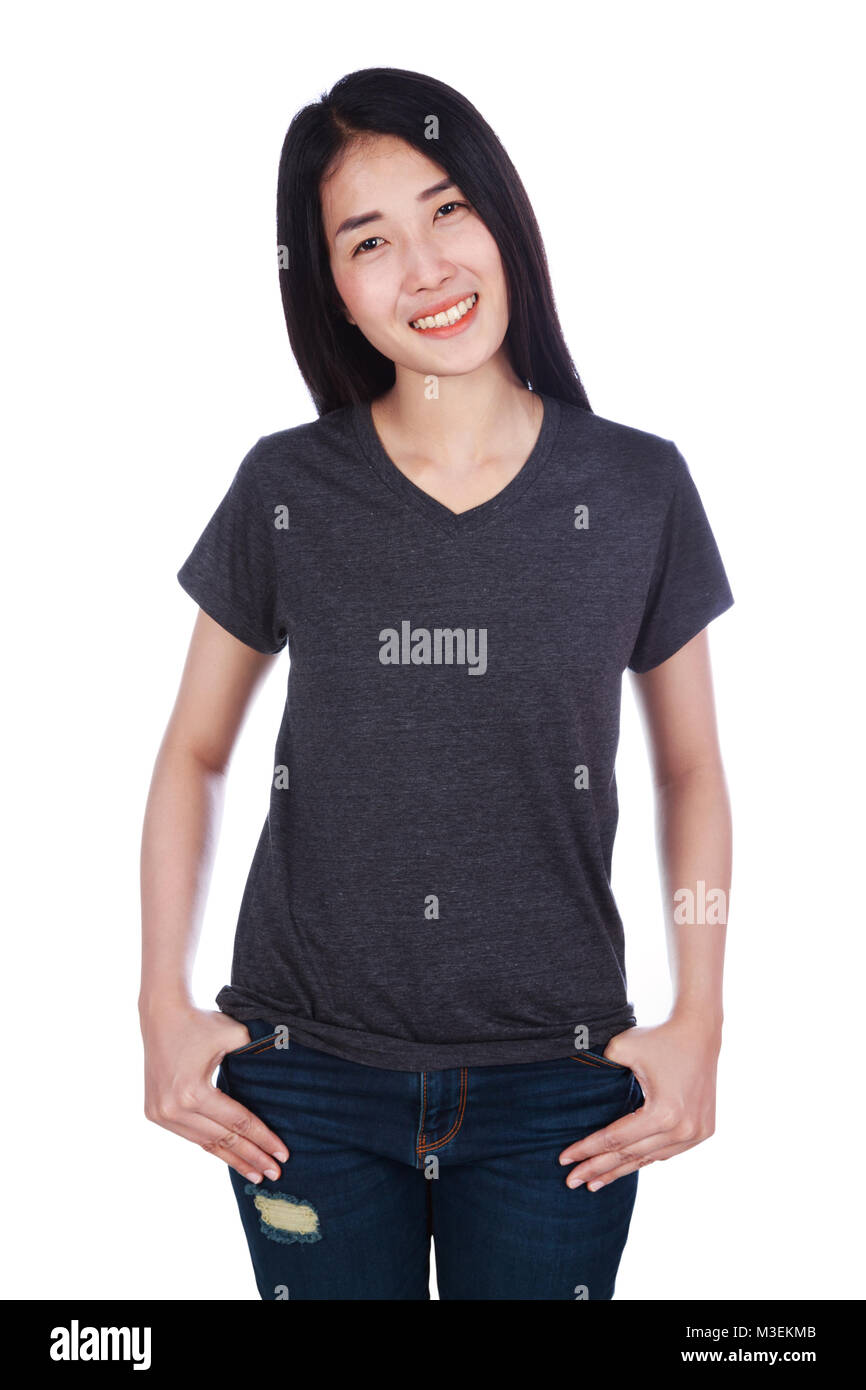 woman in black t-shirt isolated on a white background Stock Photo - Alamy