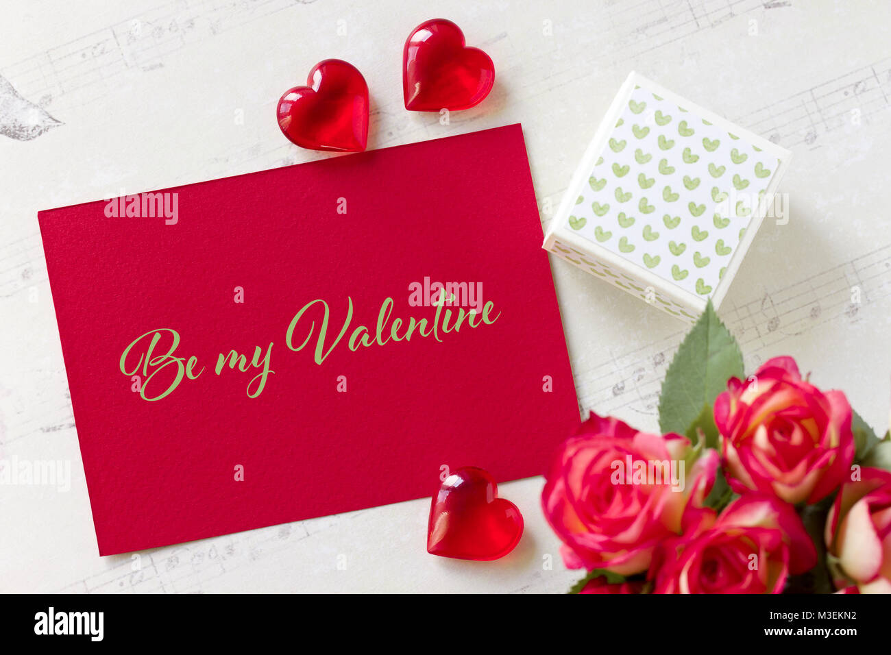 Valentines day greeting card with roses gift box hearts and lettering ...