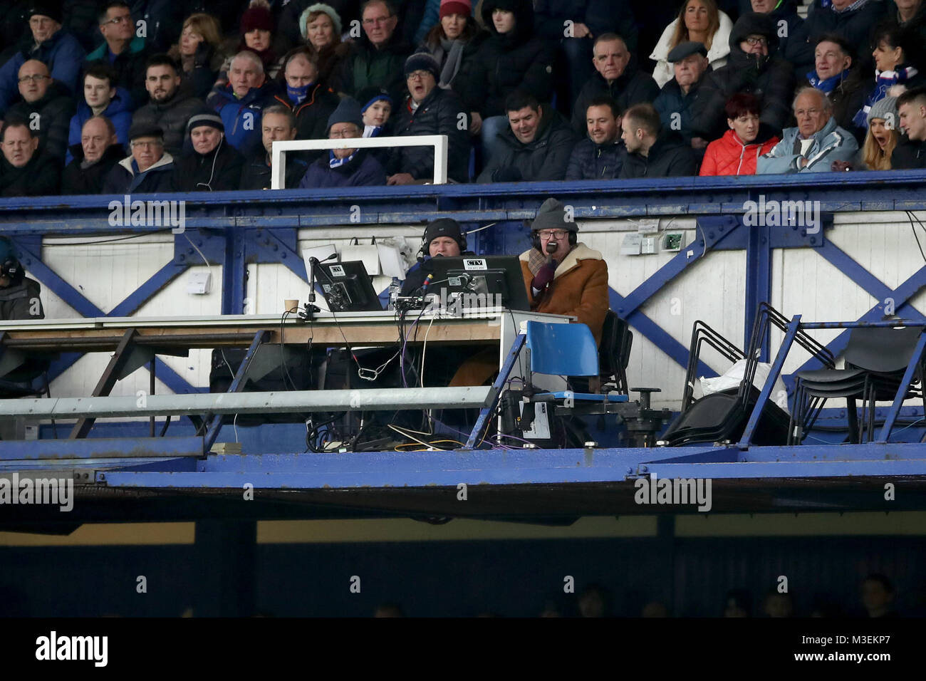 Football commentator John Motson (right) for BBC match of the day during the Premier League match at Goodison Park, Liverpool. Stock Photo