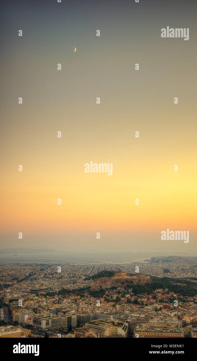 Acropolis Sunset over Athens, Greece taken in 2015 Stock Photo