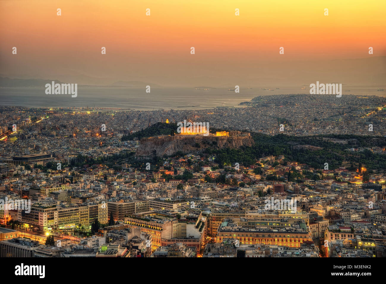 Acropolis Sunset over Athens, Greece taken in 2013 Stock Photo