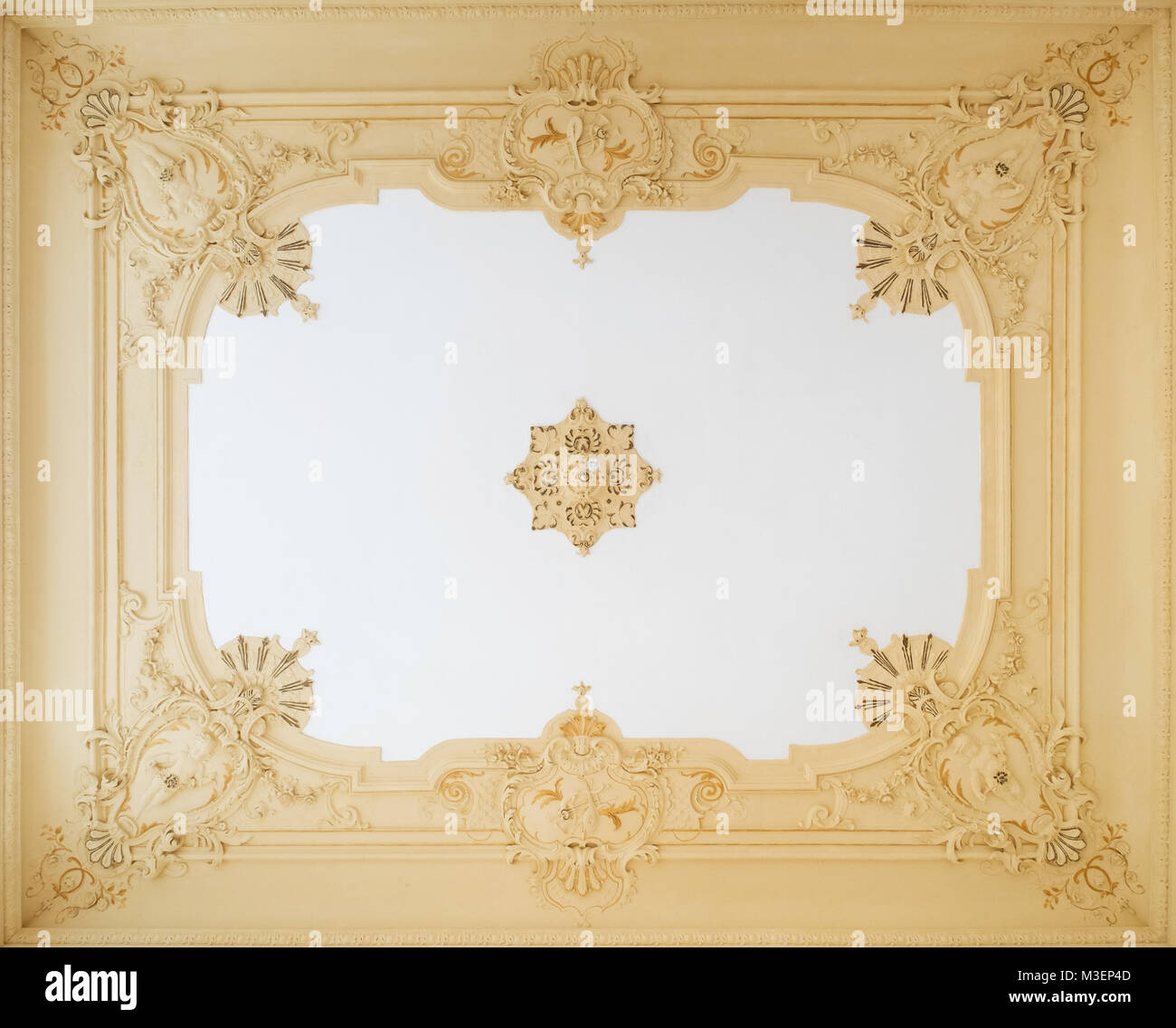 beautiful stucco ceiling , ornate plastering decoration in apartment - Stock Photo