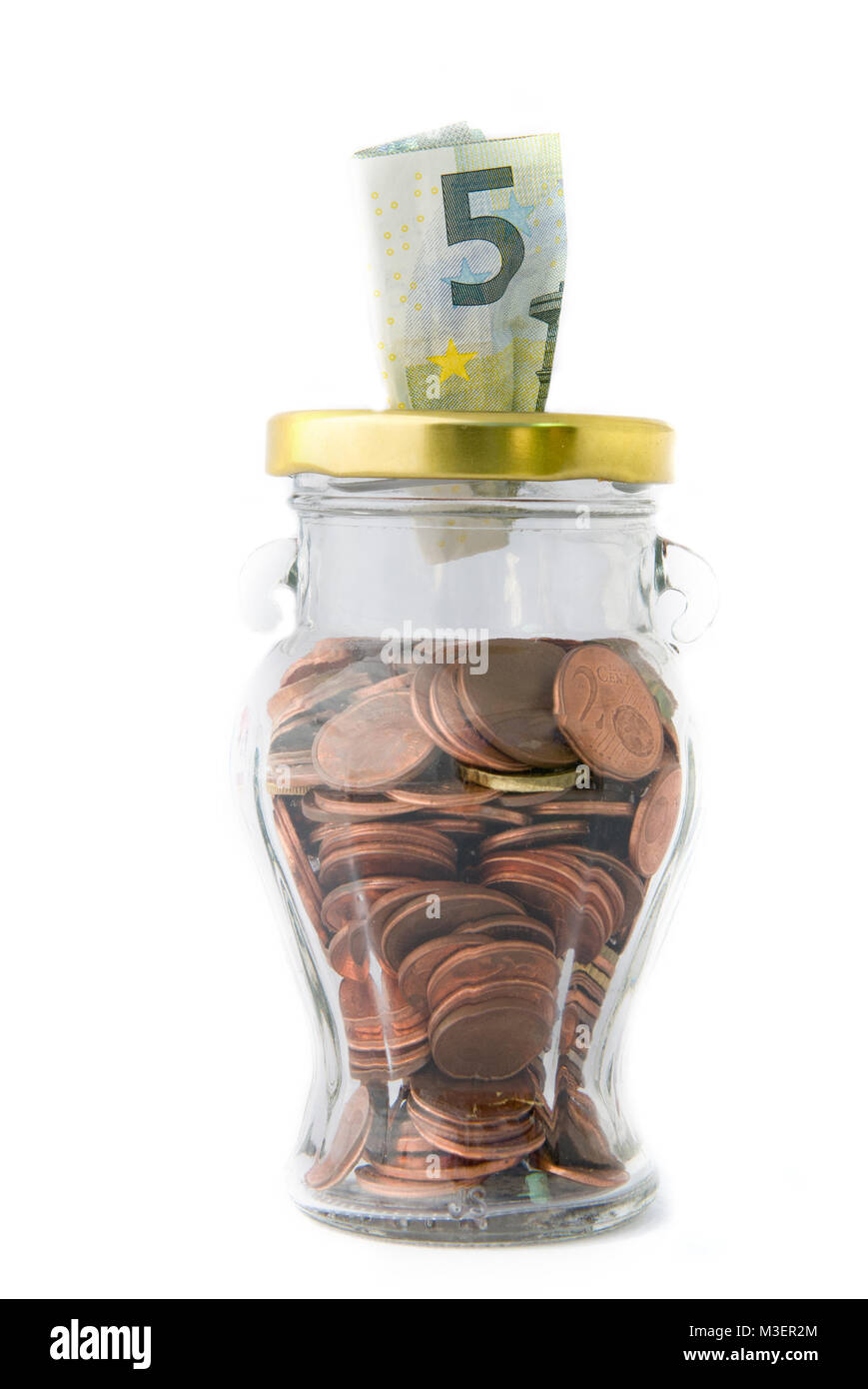 Euro money, including coins and notes on a jar. Concept of home savings Stock Photo