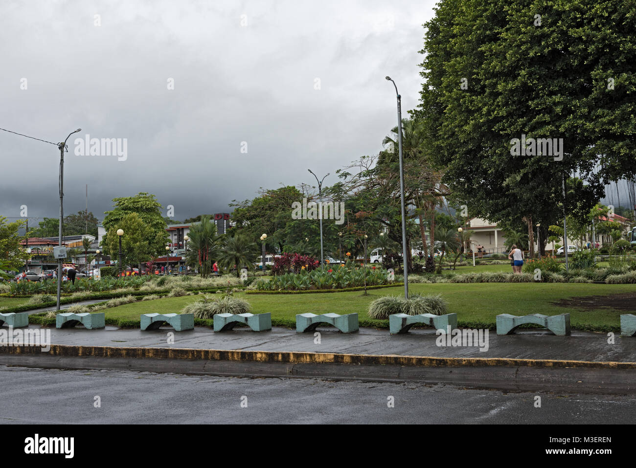 The Fortuna Park in La Fortuna in rainy weather, Costa Rica Stock Photo