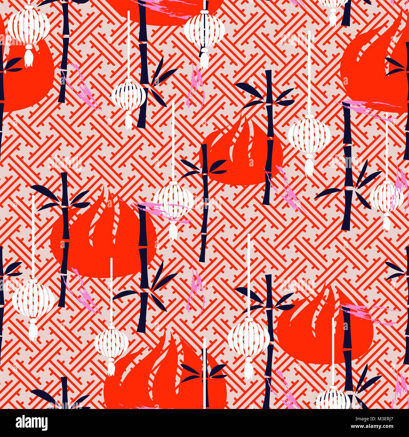 Dim Sum Lantern And Bamboo Simple Seamless Vector Pattern Stock Vector