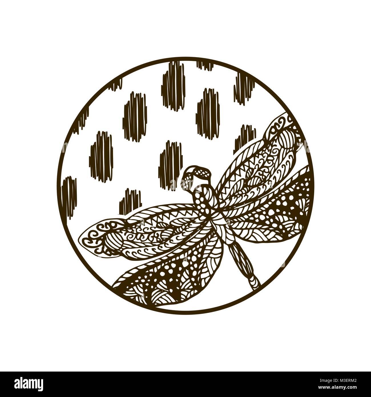 Dragonfly hand drawn silhouette round plate design. Stock Vector