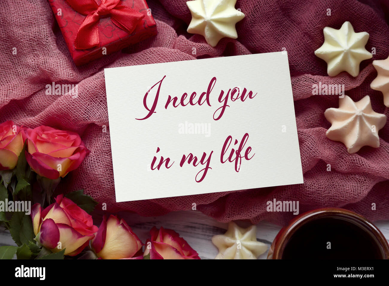 Valentines day greeting card with roses red gift box and lettering ...