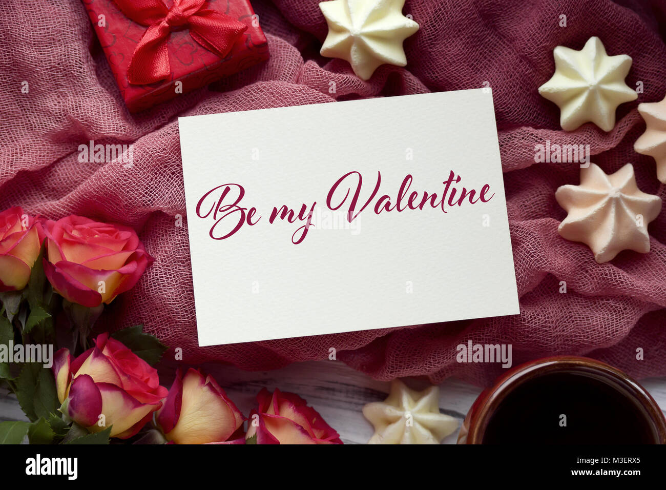 Valentines day greeting card with roses red gift box and lettering ...