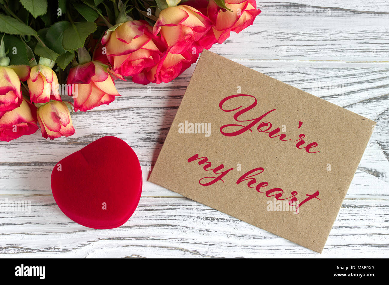 Valentines day greeting card with roses red gift box and lettering ...