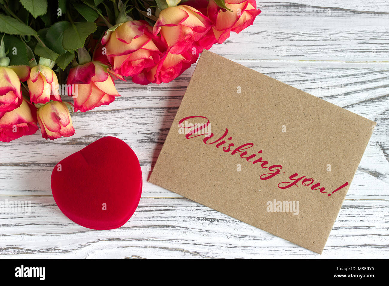 Valentines day greeting card with roses red gift box and lettering ...