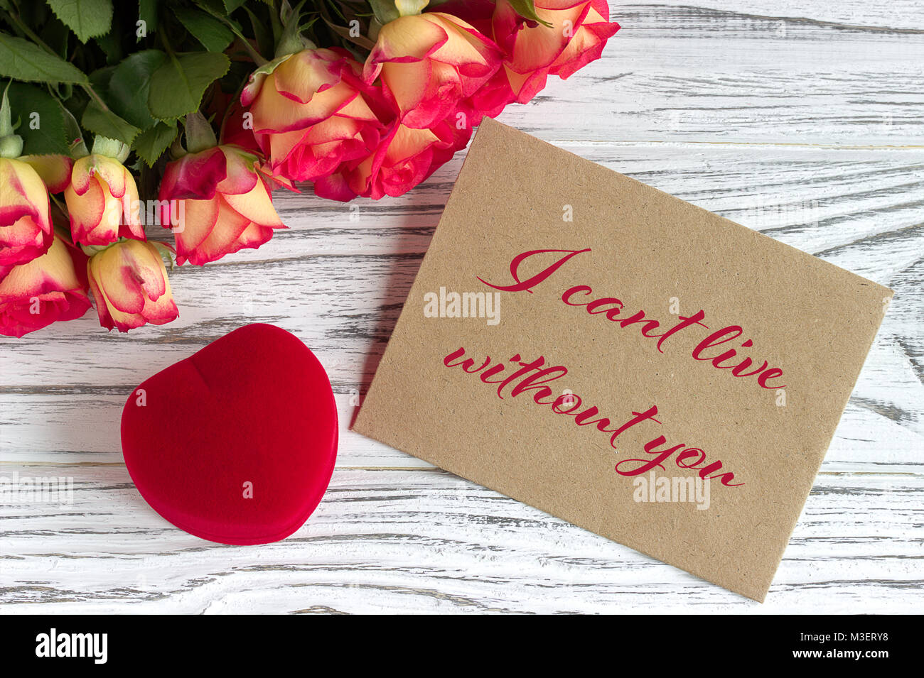 Valentines day greeting card with roses red gift box and lettering ...