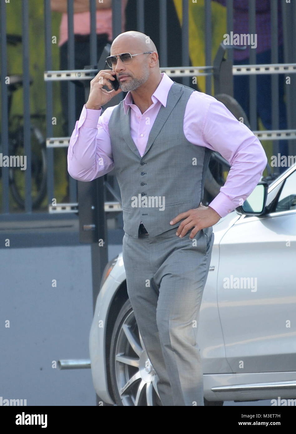 Actor Dwayne Johnson strikes a pose while filming a scene for the hit HBO  series "Ballers" filmin gin downtown Los Angeles. Featuring: Dwayne Johnson  Where: Los Angeles, California, United States When: 10