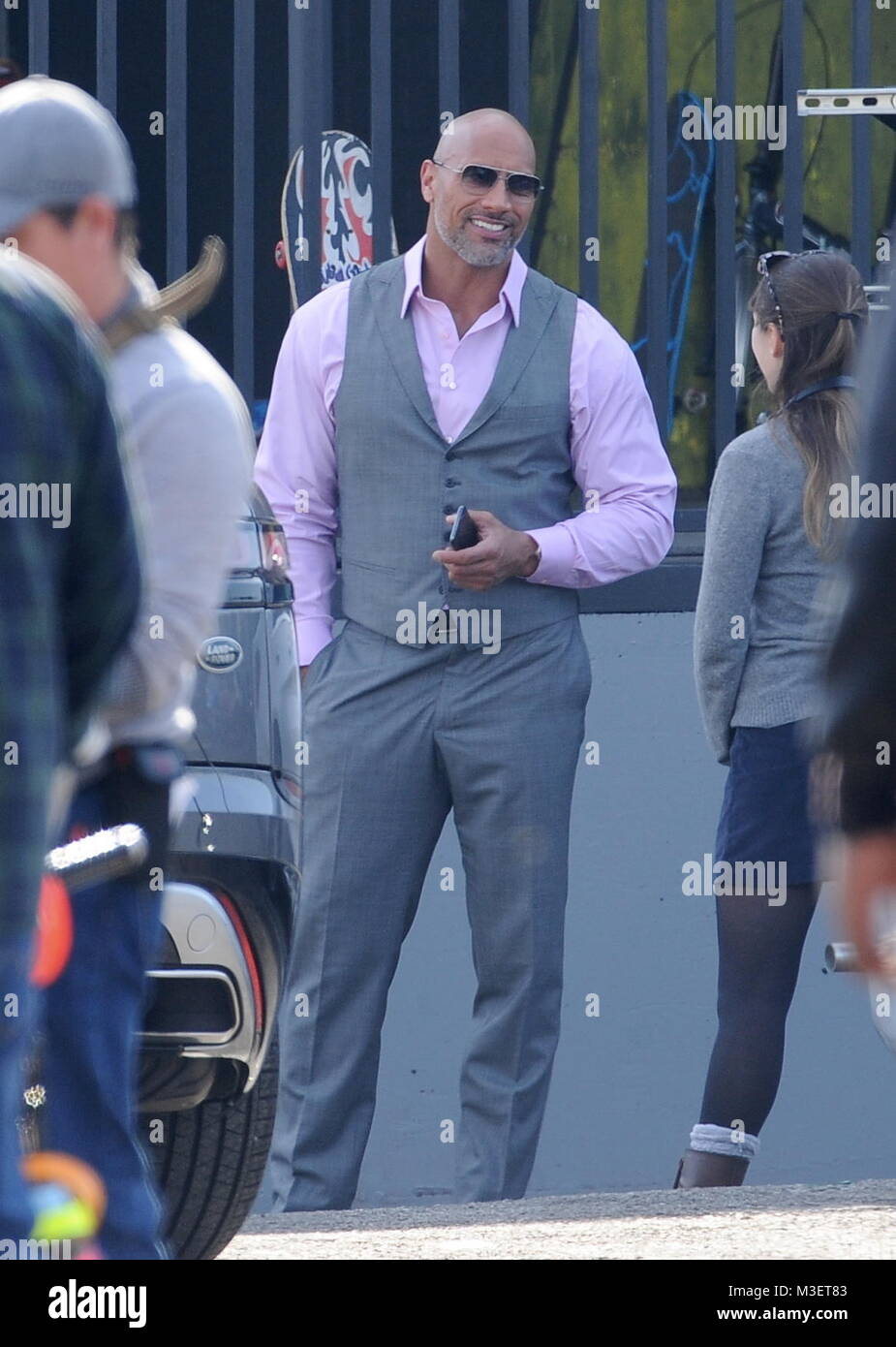 Actor Dwayne Johnson strikes a pose while filming a scene for the hit