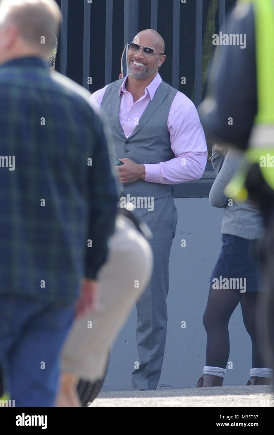 Actor Dwayne Johnson strikes a pose while filming a scene for the hit