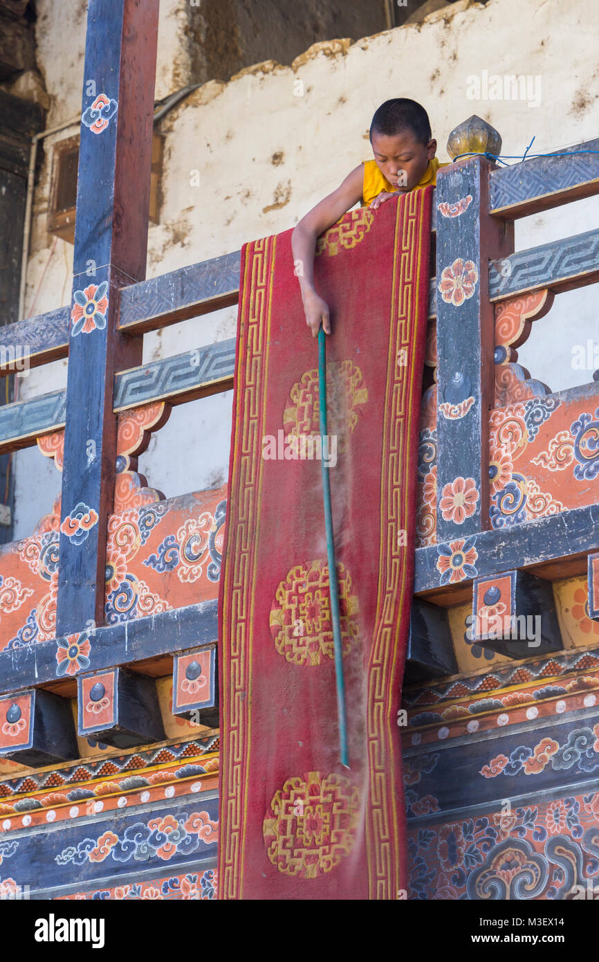 Phobjikha, Bhutan.  Young Monk (Acolyte) Dusting a Floor Carpet, Gangte Monastery (Goemba). Stock Photo