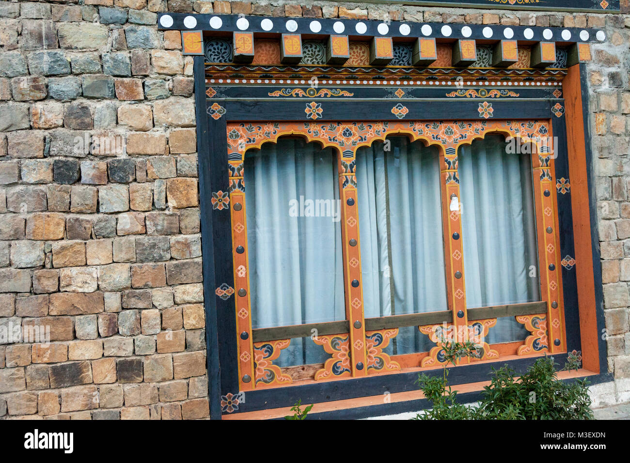 Phobjikha, Bhutan.  Stone Construction, Window Decoration, Dewachen Hotel. Stock Photo