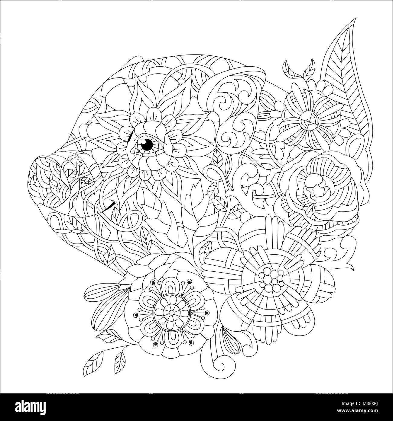 Piggy with flowers coloring book for adults vector Stock Vector