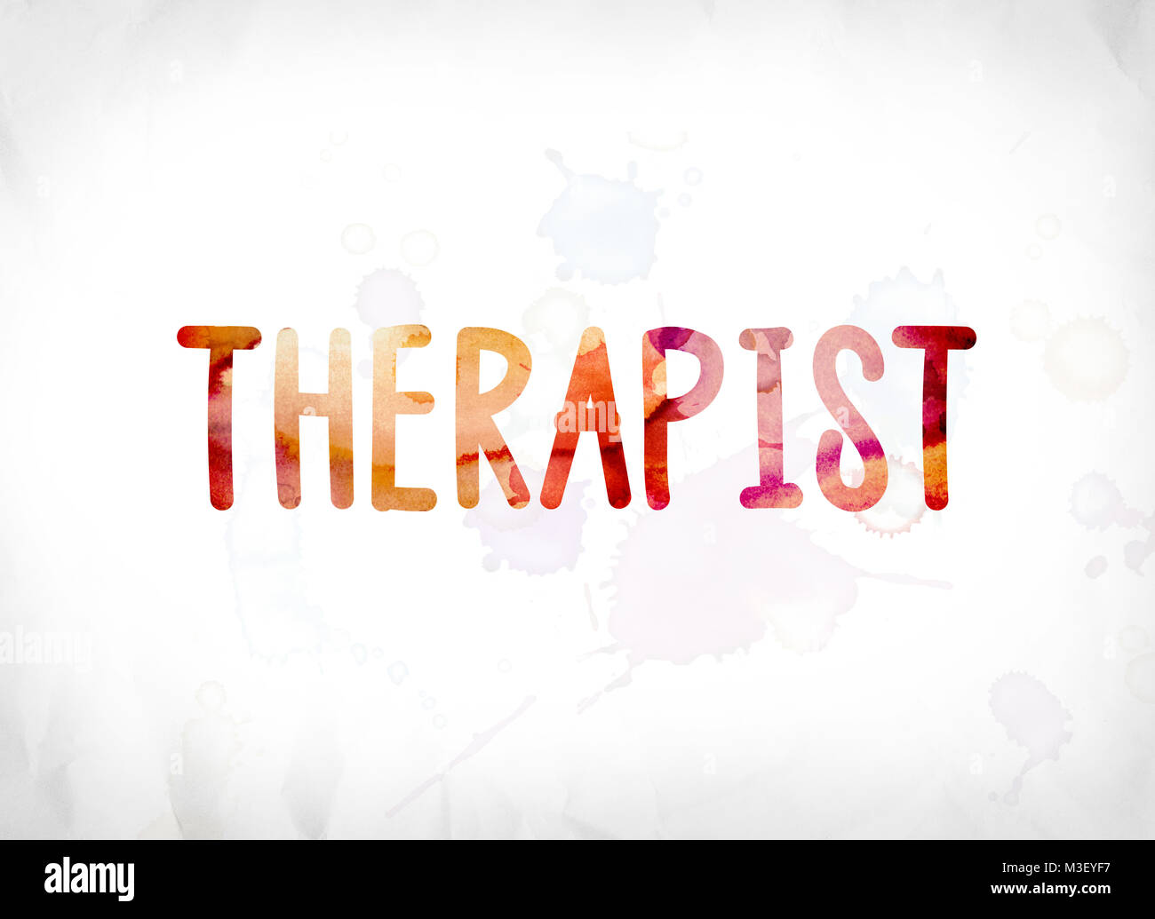 The word Therapist concept and theme painted in colorful watercolors on a white paper background. Stock Photo