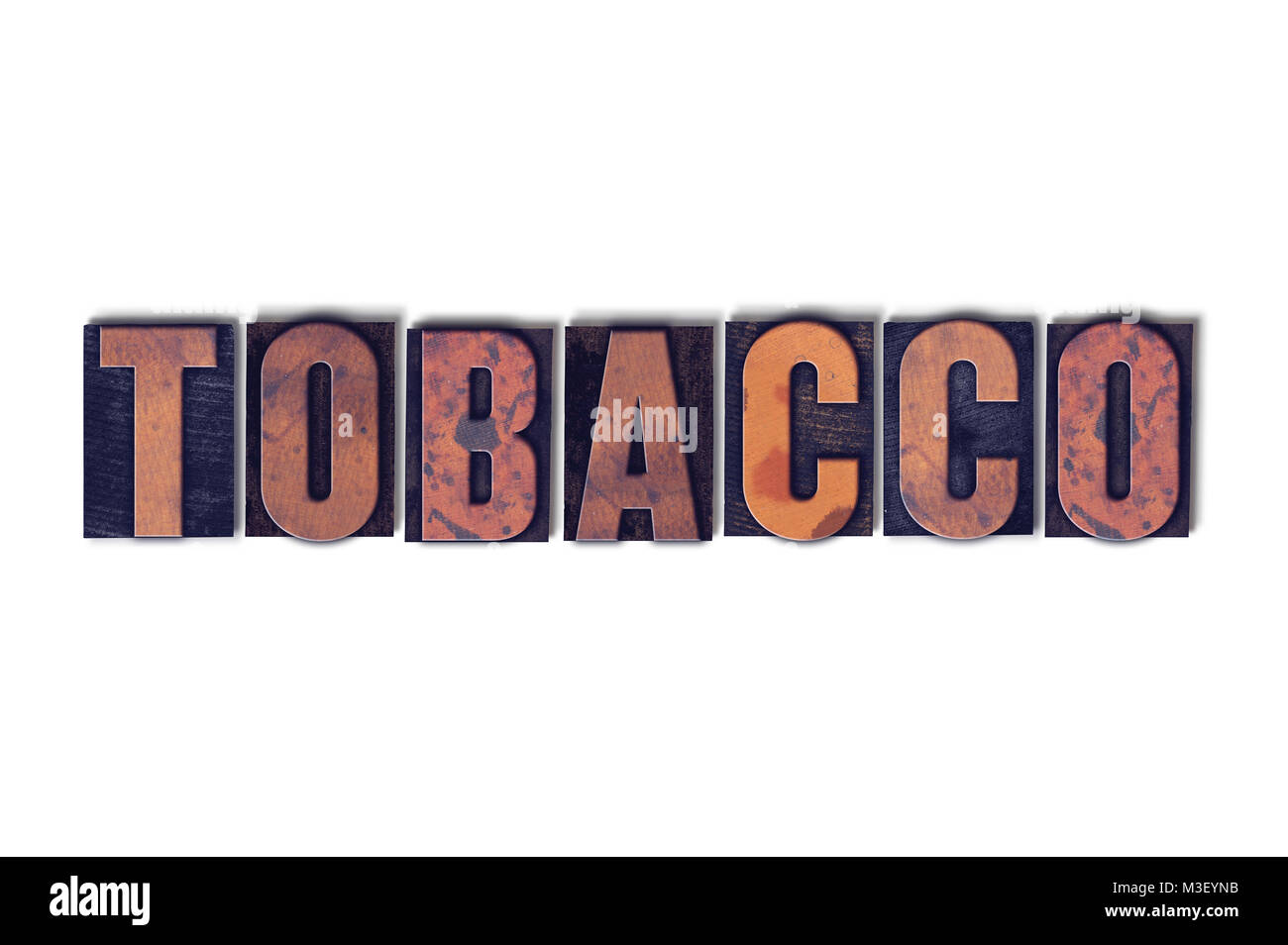 words from tobacco The word Tobacco concept and theme written in vintage wooden letterpress  type on a white background Stock Photo