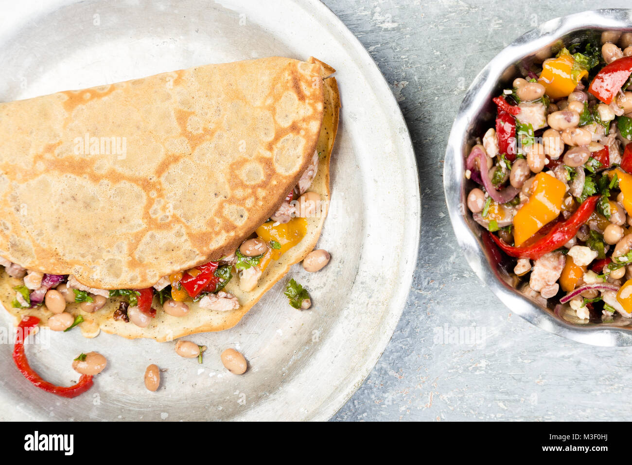 Savoury Buckwheat Pancake with White Beans, Red and Yellow Bell Pepper