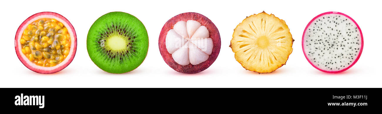 Isolated tropical fruits slices. Fresh exotic fruits cut in half ...