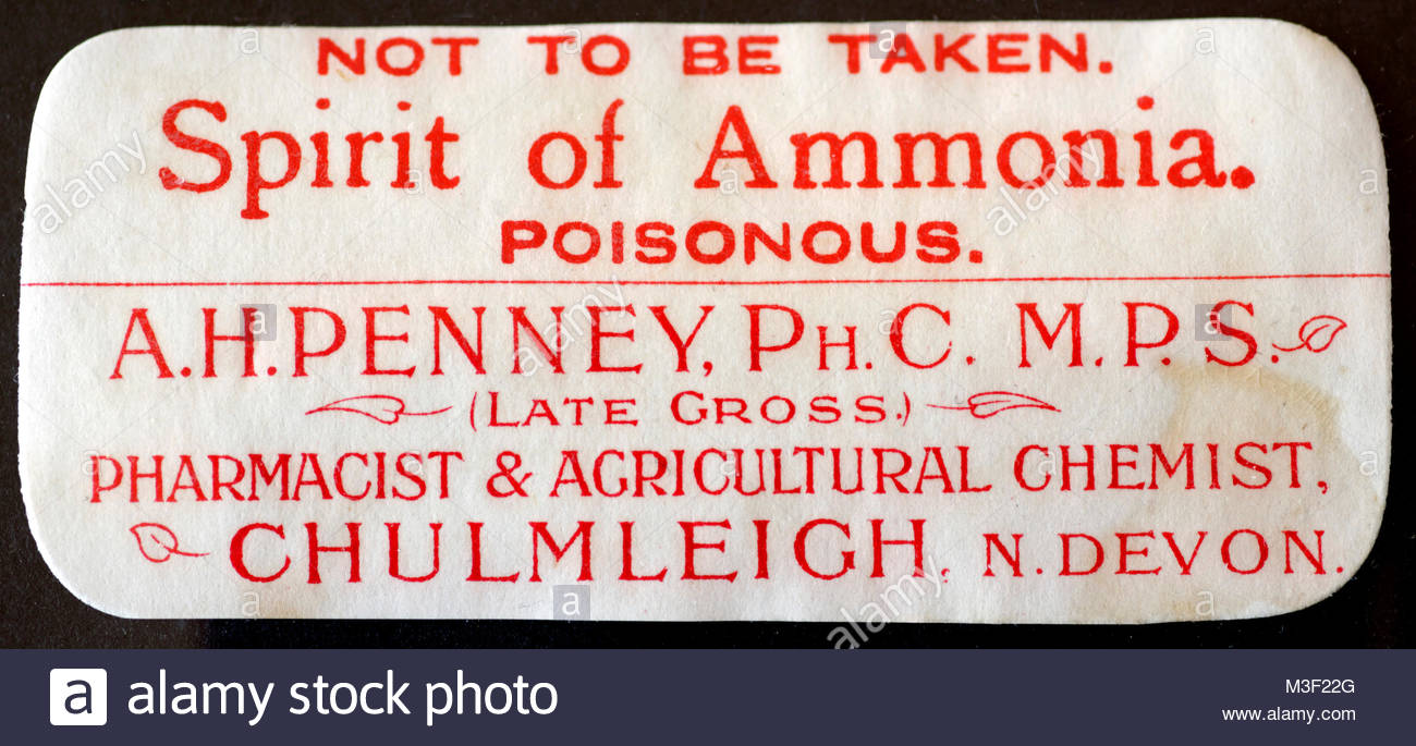 Vintage Chemist labels for Medicine bottles early 1900s - Spirit of Ammonia Stock Photo