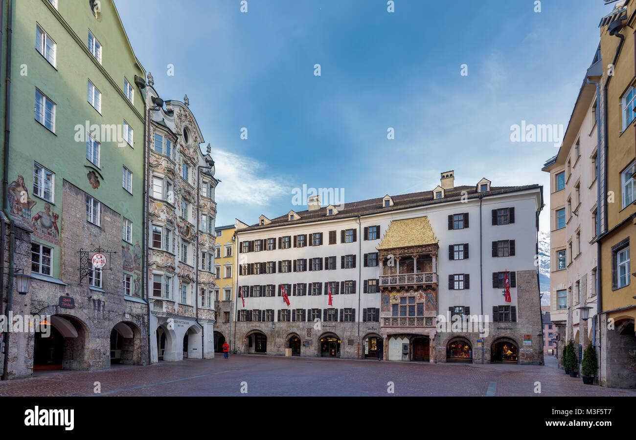 INNSBRUCK, AUSTRIA - JANUARY 28: (EDITORS NOTE: Exposure latitude of this image has been digitally increased.) The Helblinghaus and the Golden Roof (in German: Goldenes Dachl) are seen at Herzog-Friedrich-Straße on January 28, 2018 in Innsbruck, Austria. Stock Photo
