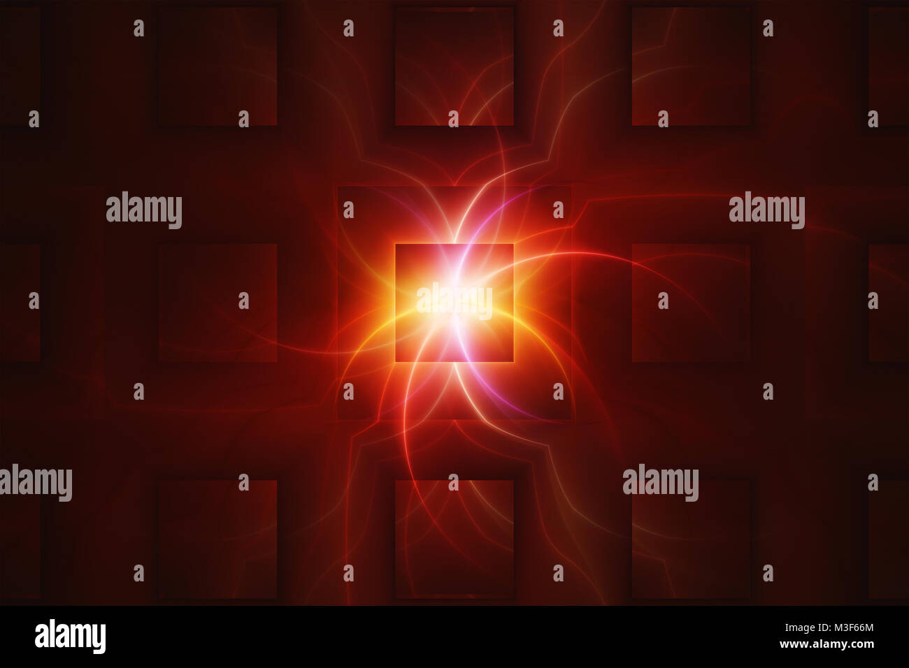 Deep orange fractal with gradient glowing squares and bright rays glowing in the middle Stock Photo