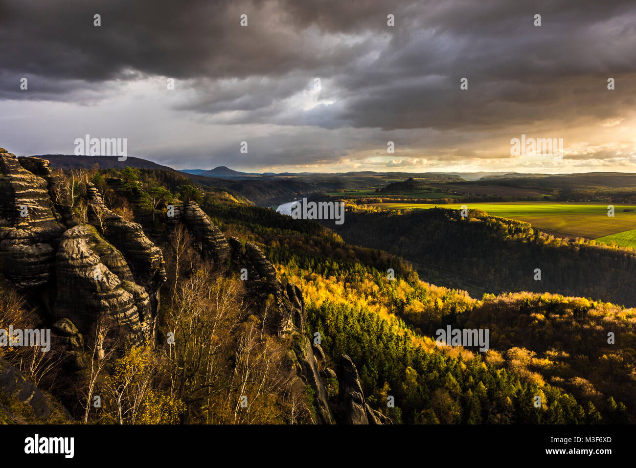 Exceptional panorama of the Rocks of the Schrammsteine and River Elbe in Saxon Switzerland, Germany Stock Photo