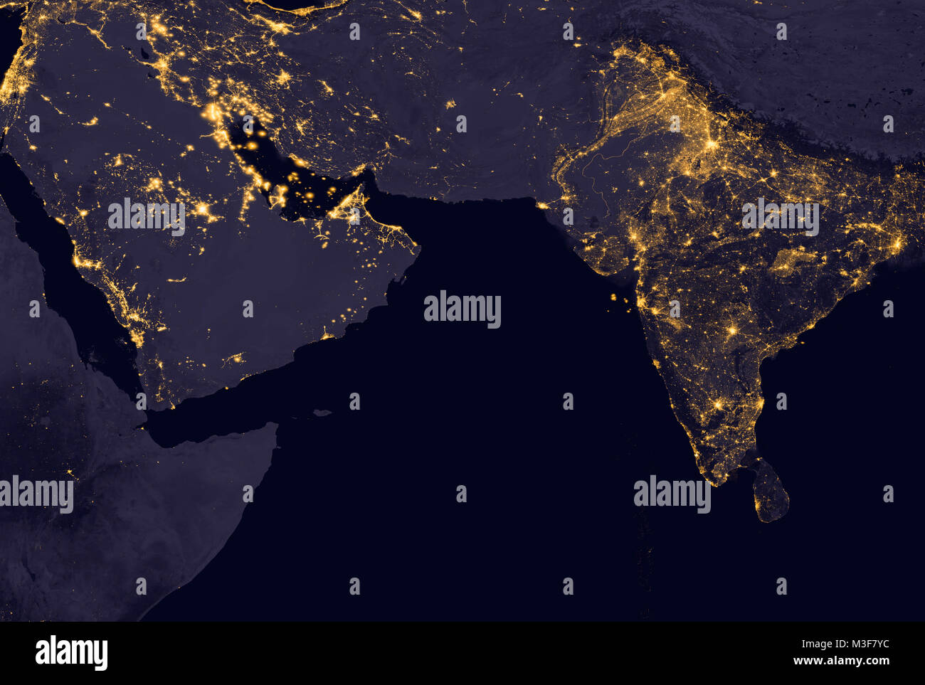 India and Middle East lights during night as it looks like from space. Elements of this image are furnished by NASA. Stock Photo