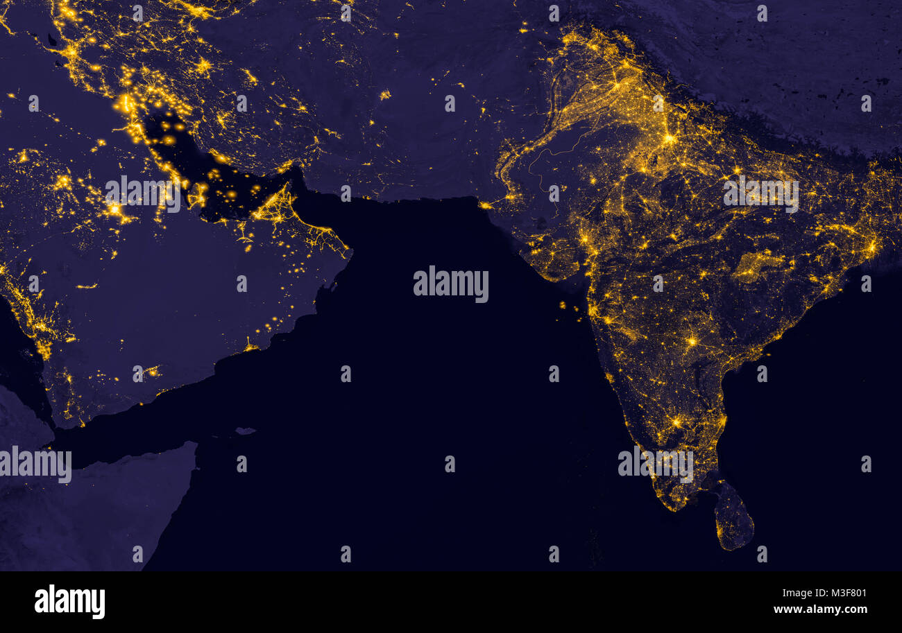 India and Middle East lights during night as it looks like from space. Elements of this image are furnished by NASA. Stock Photo