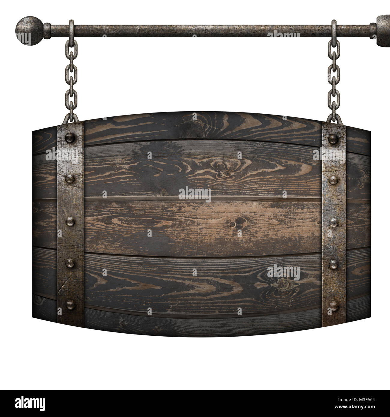 Wooden barrel medieval signboard hanging on chains isolated 3d illustration Stock Photo